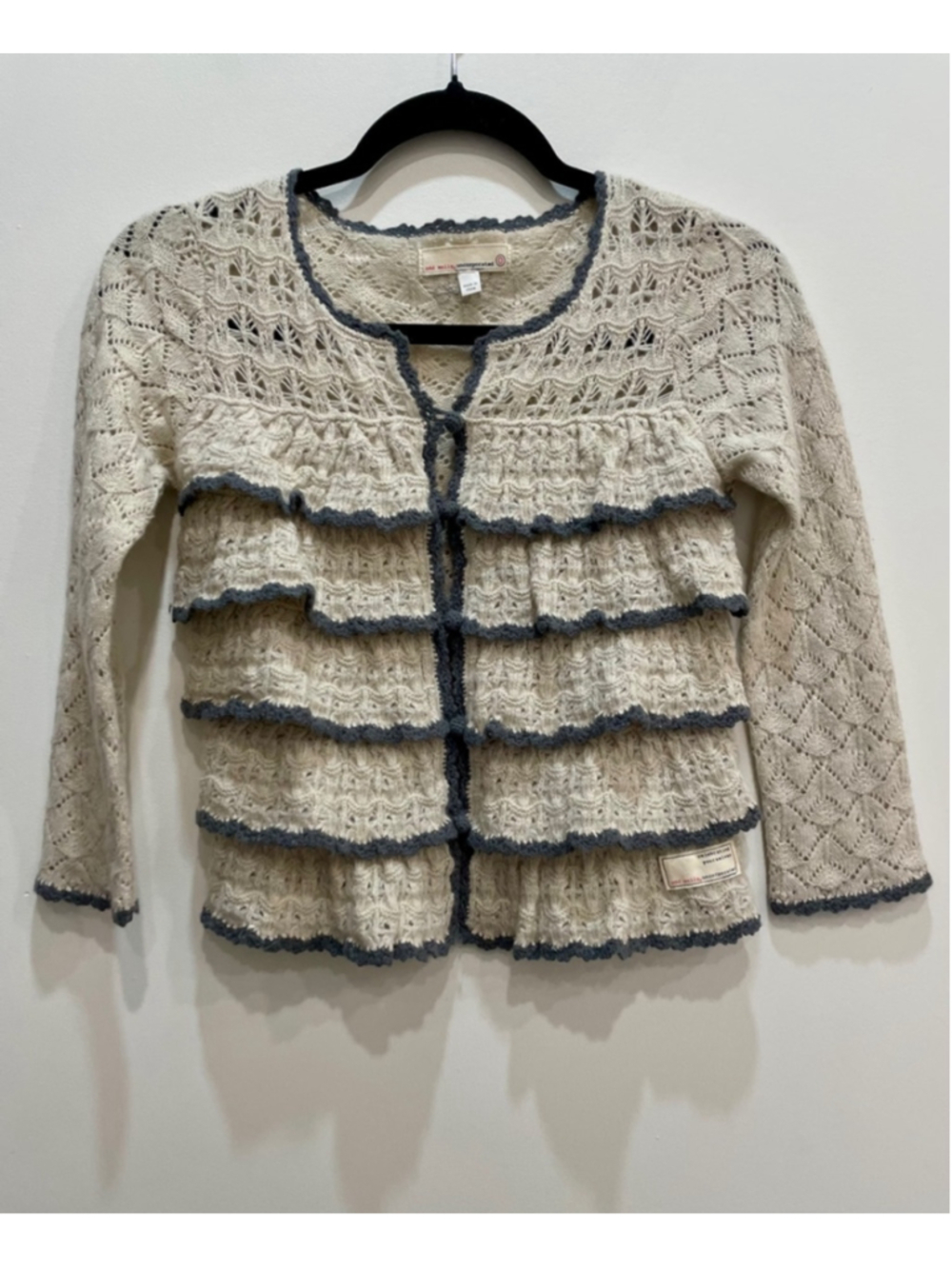 Odd Molly Y2K Wool Open Knit Crochet Cardigan Womens XS Coquette Fairy Ruffle